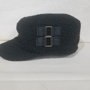 Black knit Textured Newsboy cabbie Cap with Buckle‎ Detail One Size Fits Most